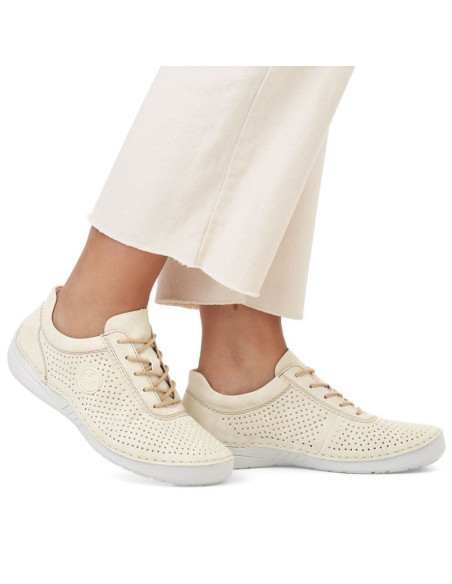 Skórzane półbuty damskie perforowane beżowe rieker 52546-60