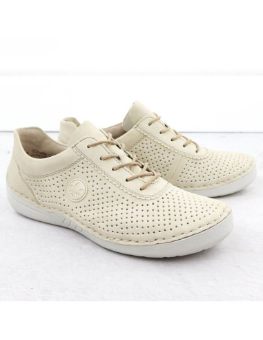 Skórzane półbuty damskie perforowane beżowe rieker 52546-60