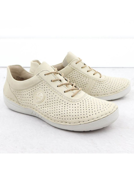 Skórzane półbuty damskie perforowane beżowe rieker 52546-60