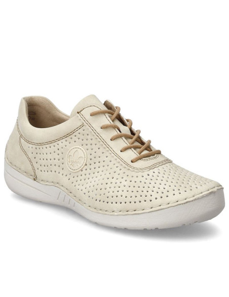 Skórzane półbuty damskie perforowane beżowe rieker 52546-60