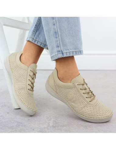 Skórzane półbuty damskie perforowane beżowe rieker 52546-60