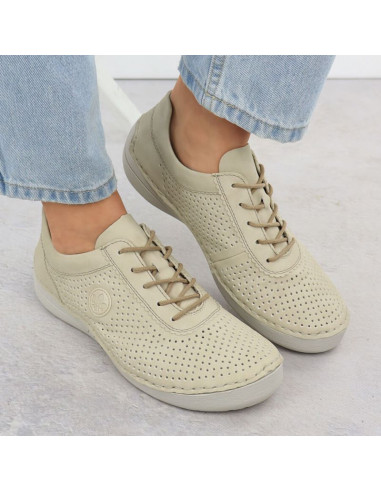 Skórzane półbuty damskie perforowane beżowe rieker 52546-60