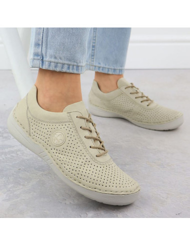 Skórzane półbuty damskie perforowane beżowe rieker 52546-60