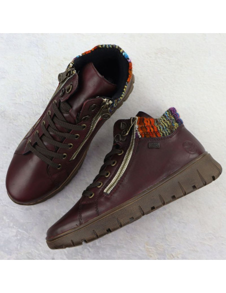 Skórzane botki damskie trapery bordowe rieker n1305-35