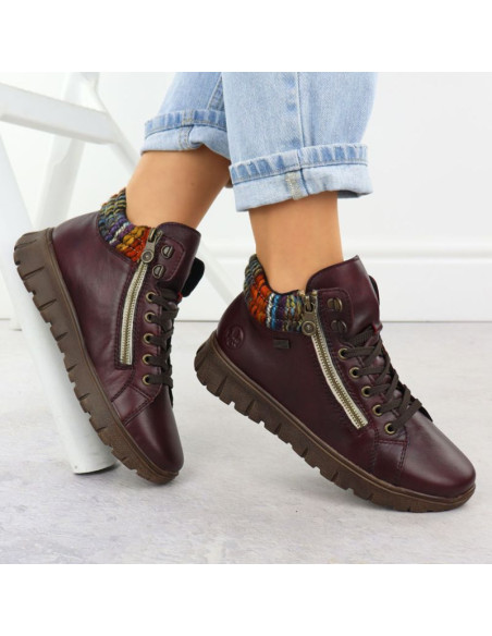 Skórzane botki damskie trapery bordowe rieker n1305-35