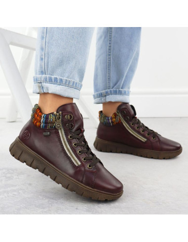 Skórzane botki damskie trapery bordowe rieker n1305-35