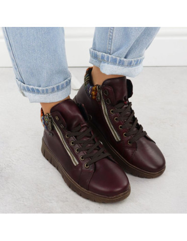 Skórzane botki damskie trapery bordowe rieker n1305-35