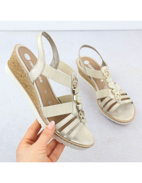 Sandały damskie na koturnie z gumkami złote remonte r6264-91