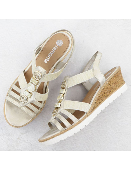 Sandały damskie na koturnie z gumkami złote remonte r6264-91