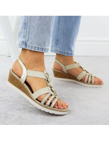 Sandały damskie na koturnie z gumkami złote remonte r6264-91