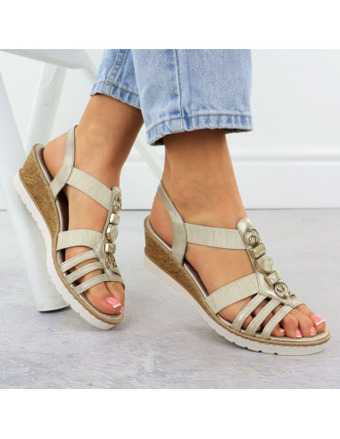 Sandały damskie na koturnie z gumkami złote remonte r6264-91