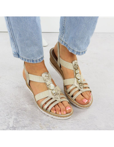 Sandały damskie na koturnie z gumkami złote remonte r6264-91