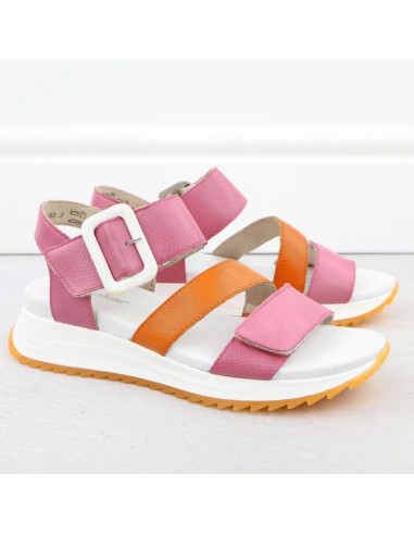 Skórzane sandały damskie na podwyższeniu różowe rieker  w2950-31