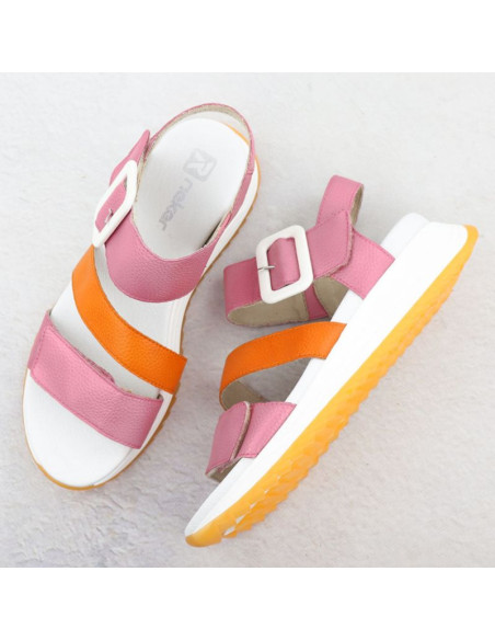 Skórzane sandały damskie na podwyższeniu różowe rieker  w2950-31