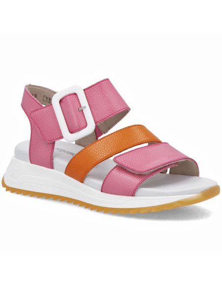 Skórzane sandały damskie na podwyższeniu różowe rieker  w2950-31