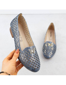 Półbuty damskie ażurowe na niskim obcasie niebieskie m.daszyński sa222-3