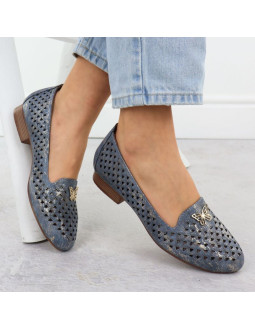 Półbuty damskie ażurowe na niskim obcasie niebieskie m.daszyński sa222-3 2