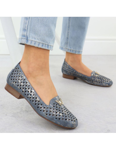 Półbuty damskie ażurowe na niskim obcasie niebieskie m.daszyński sa222-3