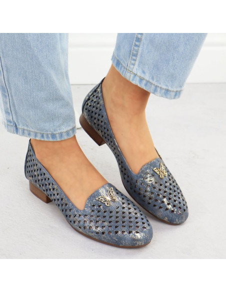 Półbuty damskie ażurowe na niskim obcasie niebieskie m.daszyński sa222-3