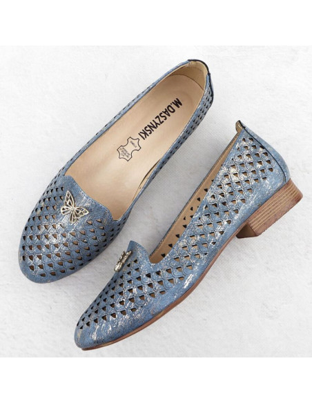 Półbuty damskie ażurowe na niskim obcasie niebieskie m.daszyński sa222-3