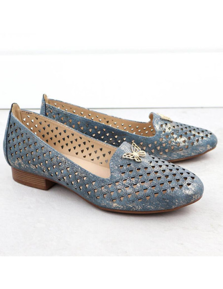 Półbuty damskie ażurowe na niskim obcasie niebieskie m.daszyński sa222-3