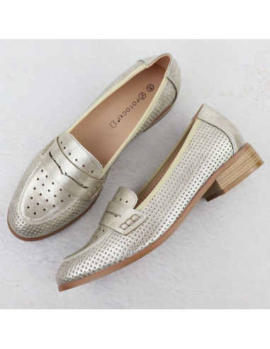 Półbuty damskie lordsy ażurowe metaliczne złote potocki 12581