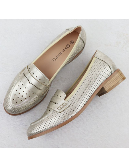 Półbuty damskie lordsy ażurowe metaliczne złote potocki 12581