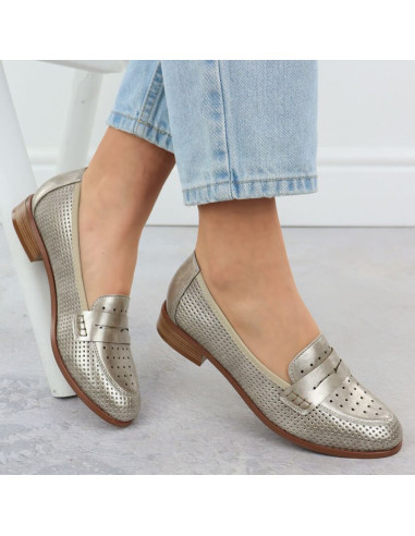 Półbuty damskie lordsy ażurowe metaliczne złote potocki 12581