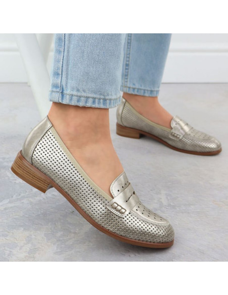 Półbuty damskie lordsy ażurowe metaliczne złote potocki 12581