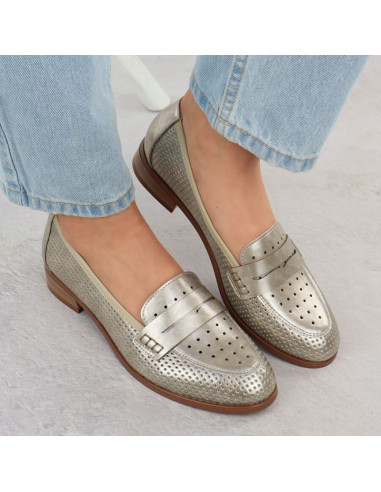 Półbuty damskie lordsy ażurowe metaliczne złote potocki 12581