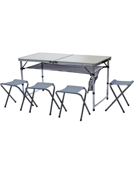 Stolik turystyczny składany kempingowy 120x60x70/62/55cm 4 krzesła i półka