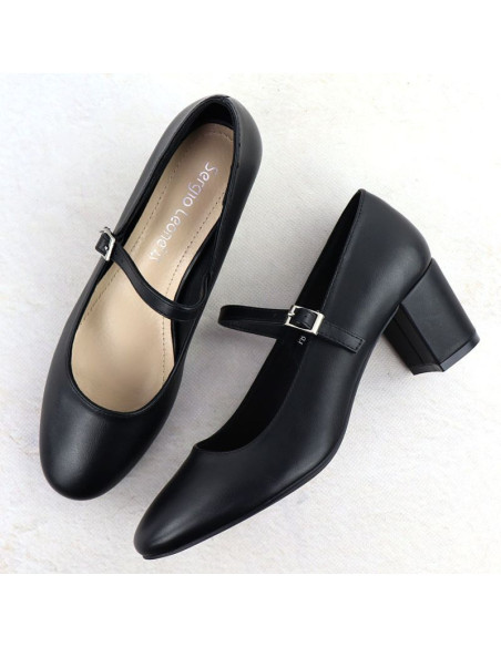 Czółenka na niskim obcasie z paskiem czarne sergio leone pb176