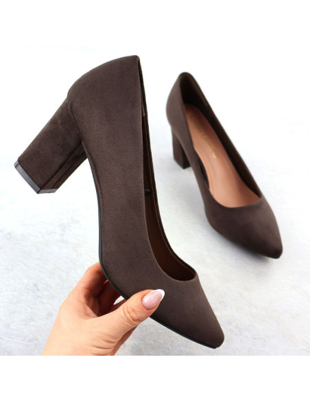 Czółenka damskie na słupku zamszowe czekoladowe sergio leone pb414