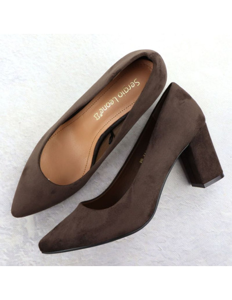 Czółenka damskie na słupku zamszowe czekoladowe sergio leone pb414