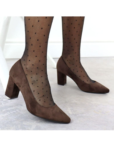 Czółenka damskie na słupku zamszowe czekoladowe sergio leone pb414