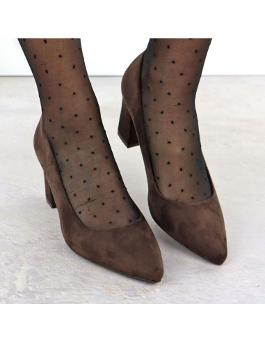 Czółenka damskie na słupku zamszowe czekoladowe sergio leone pb414