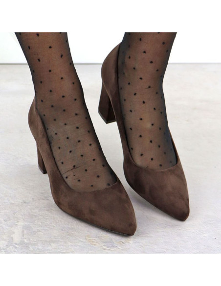 Czółenka damskie na słupku zamszowe czekoladowe sergio leone pb414