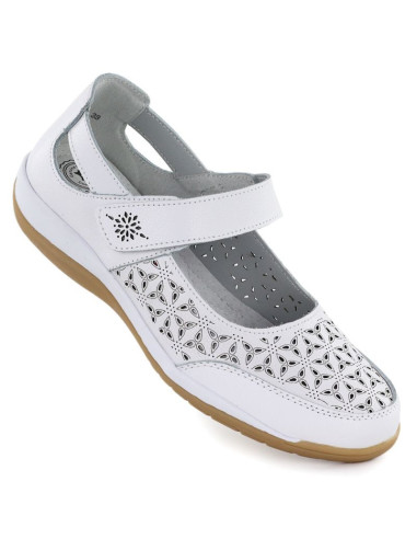 Skórzane półbuty damskie ażurowe na rzep białe jezzi  9763