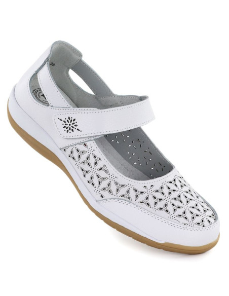 Skórzane półbuty damskie ażurowe na rzep białe jezzi  9763