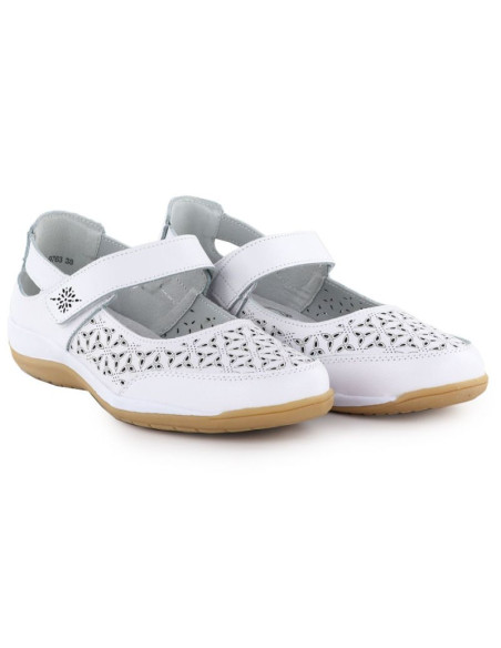 Skórzane półbuty damskie ażurowe na rzep białe jezzi  9763