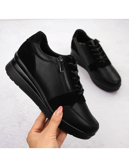 Skórzane sneakersy damskie na koturnie czarne sergio leone pb236-s