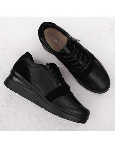 Skórzane sneakersy damskie na koturnie czarne sergio leone pb236-s