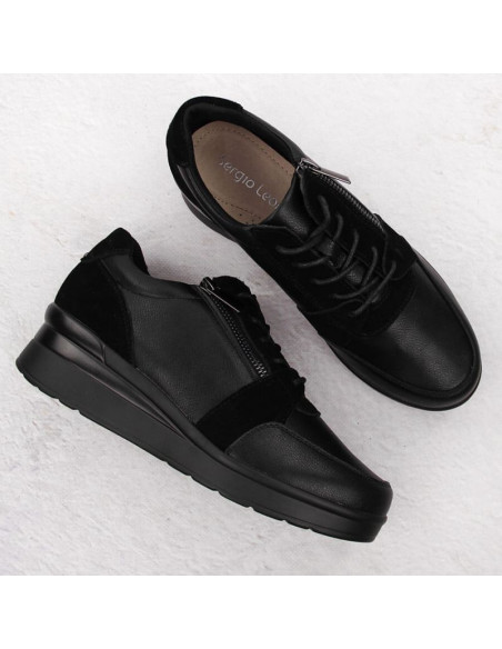 Skórzane sneakersy damskie na koturnie czarne sergio leone pb236-s