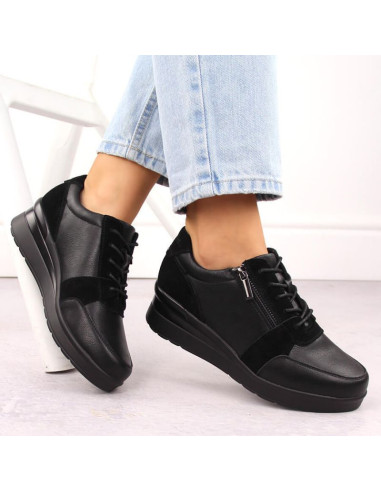 Skórzane sneakersy damskie na koturnie czarne sergio leone pb236-s