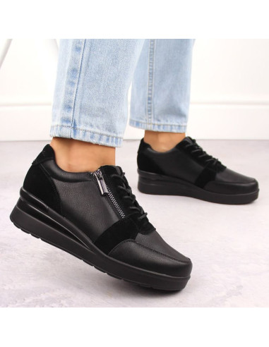 Skórzane sneakersy damskie na koturnie czarne sergio leone pb236-s