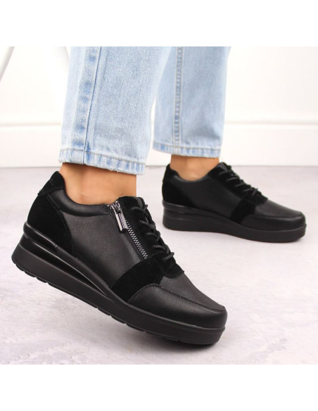 Skórzane sneakersy damskie na koturnie czarne sergio leone pb236-s