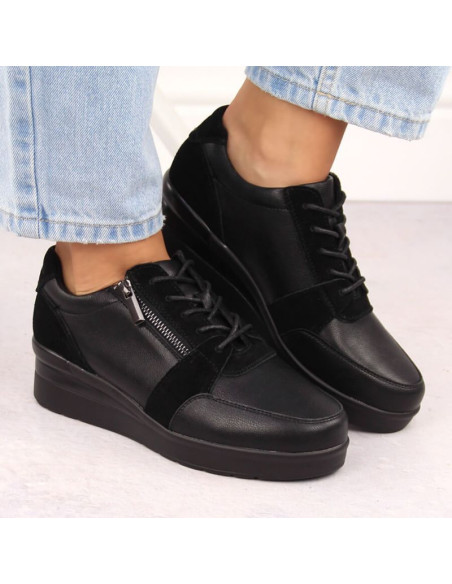 Skórzane sneakersy damskie na koturnie czarne sergio leone pb236-s