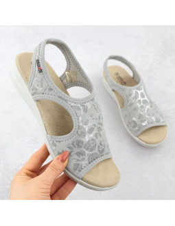 Sandały damskie na podwyższeniu elastyczne w kwiaty szare unisoft 7196