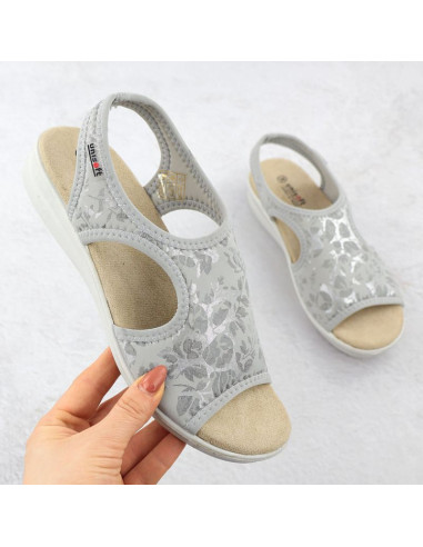 Sandały damskie na podwyższeniu elastyczne w kwiaty szare unisoft 7196