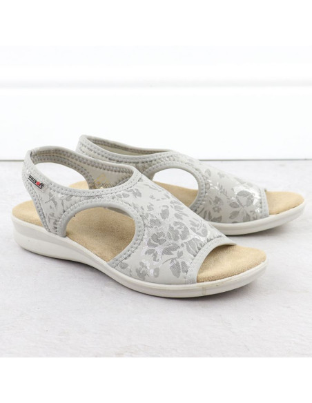 Sandały damskie na podwyższeniu elastyczne w kwiaty szare unisoft 7196